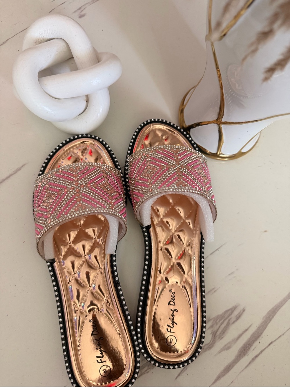 Embellished Pink Slide Sandals with Rose Gold Footbed